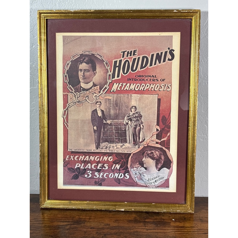 Vintage Houdini Plaza Dedication Framed Poster 1985 Magic Metamorphosis 14x18